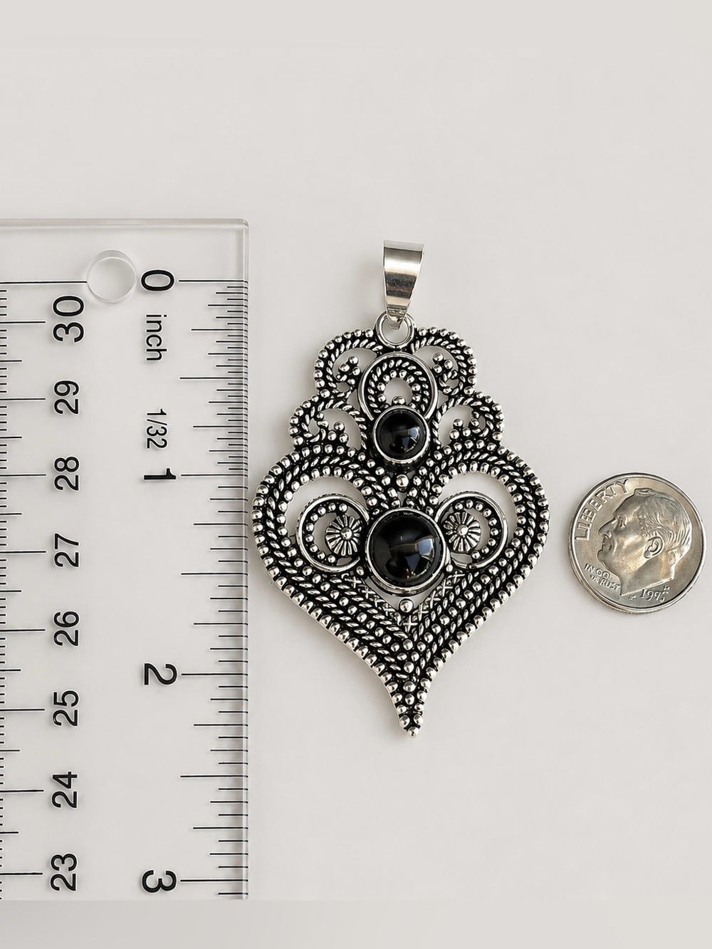 Natural Black Onyx Heart Gemstone 2.5” Silver Pendant - Picture 5 of 6